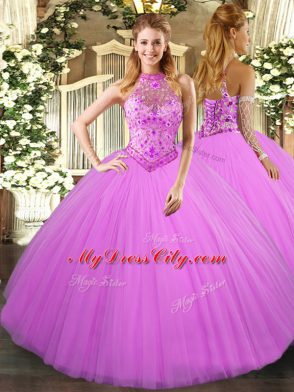 Beading and Embroidery Sweet 16 Quinceanera Dress Lilac Lace Up Sleeveless Floor Length