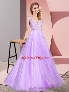 Nice Lace Prom Party Dress Lavender Zipper Sleeveless Floor Length