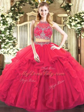 Stylish Coral Red Scoop Zipper Beading and Ruffles Sweet 16 Quinceanera Dress Sleeveless