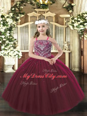 Fashion Burgundy Straps Neckline Beading Pageant Dress for Girls Sleeveless Lace Up