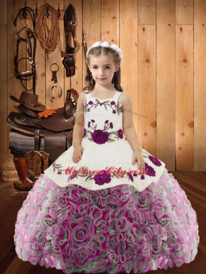 Multi-color Ball Gowns Embroidery and Ruffles Girls Pageant Dresses Lace Up Fabric With Rolling Flowers Sleeveless Floor Length