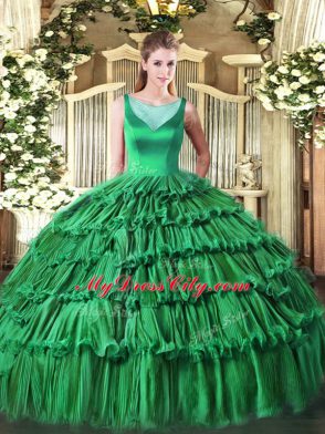 Turquoise Scoop Neckline Beading and Ruffled Layers Quinceanera Gown Sleeveless Side Zipper