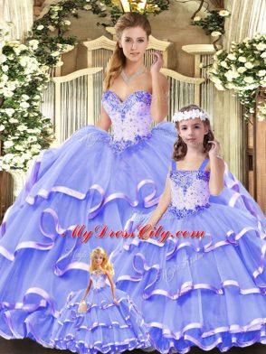 Colorful Sleeveless Tulle Floor Length Lace Up Sweet 16 Quinceanera Dress in Lavender with Beading and Ruffled Layers
