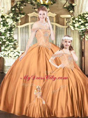 Comfortable Orange Red Tulle Lace Up Sweet 16 Dress Sleeveless Floor Length Beading