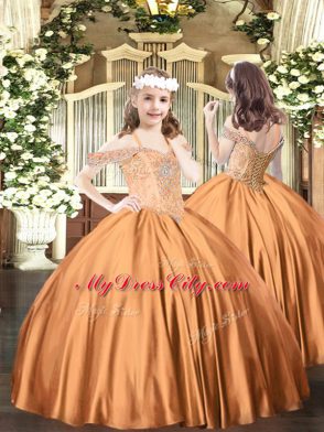 Comfortable Orange Red Tulle Lace Up Sweet 16 Dress Sleeveless Floor Length Beading