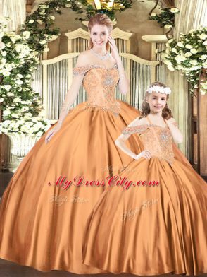 Comfortable Orange Red Tulle Lace Up Sweet 16 Dress Sleeveless Floor Length Beading
