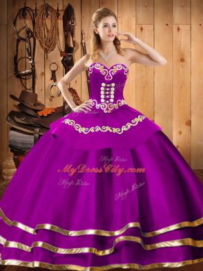 Organza Sweetheart Sleeveless Lace Up Embroidery Quinceanera Dresses in Fuchsia