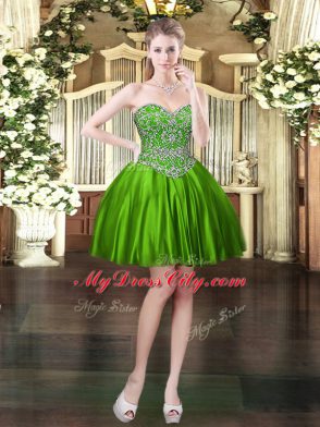 Green Satin Lace Up Sleeveless Mini Length Beading