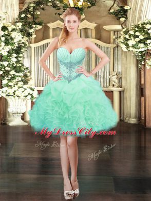 Beautiful Mini Length Apple Green Prom Dresses Organza Sleeveless Beading and Ruffles