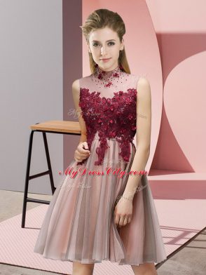 Noble Peach Empire Appliques Bridesmaid Dresses Lace Up Tulle Sleeveless Knee Length