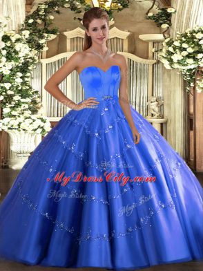 Stunning Blue Lace Up Sweet 16 Dress Beading and Appliques Sleeveless Floor Length