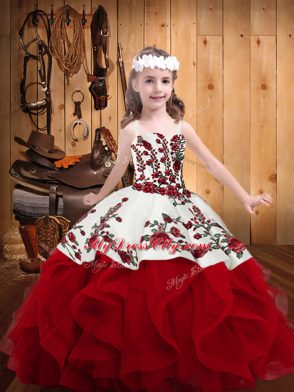 Beautiful Straps Sleeveless Little Girl Pageant Gowns Floor Length Embroidery and Ruffles Red Organza