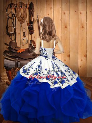 Beautiful Straps Sleeveless Little Girl Pageant Gowns Floor Length Embroidery and Ruffles Red Organza