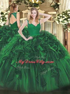High End Ball Gowns Quinceanera Gown Dark Green V-neck Organza Sleeveless Floor Length Zipper