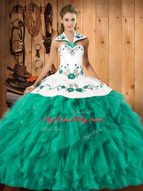Turquoise Lace Up Halter Top Embroidery and Ruffles Sweet 16 Quinceanera Dress Satin and Organza Sleeveless