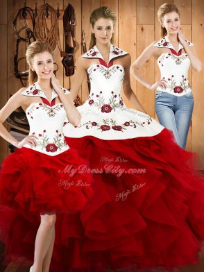 Floor Length Three Pieces Sleeveless Wine Red 15 Quinceanera Dress Lace Up