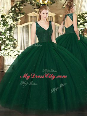 Unique Floor Length Backless Quinceanera Dress Dark Green for Military Ball and Sweet 16 and Quinceanera with Beading and Lace