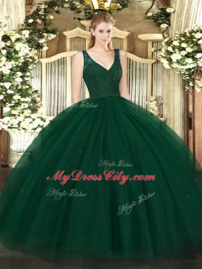 Unique Floor Length Backless Quinceanera Dress Dark Green for Military Ball and Sweet 16 and Quinceanera with Beading and Lace