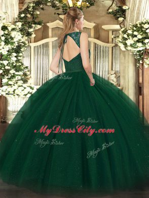 Unique Floor Length Backless Quinceanera Dress Dark Green for Military Ball and Sweet 16 and Quinceanera with Beading and Lace
