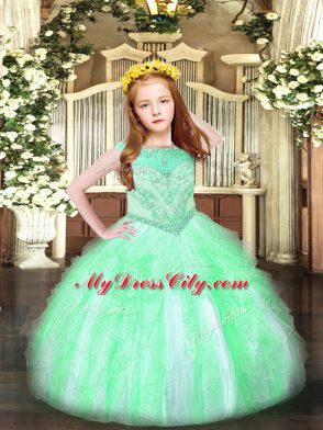 Apple Green Organza Zipper Little Girls Pageant Dress Sleeveless Floor Length Beading and Ruffles