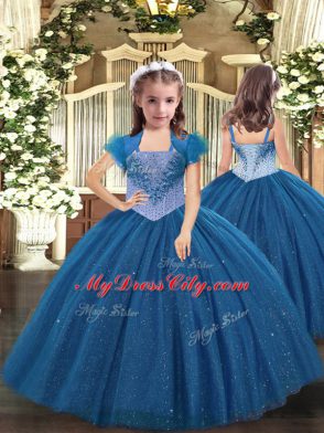 Unique Sleeveless Floor Length Beading Lace Up Kids Pageant Dress with Blue