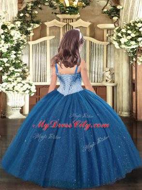 Unique Sleeveless Floor Length Beading Lace Up Kids Pageant Dress with Blue