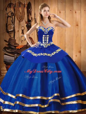 Traditional Blue Sweetheart Lace Up Embroidery Sweet 16 Dresses Sleeveless