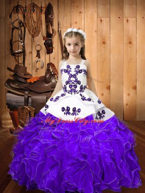 Perfect Organza Straps Sleeveless Lace Up Embroidery and Ruffles Pageant Dress for Womens in Eggplant Purple