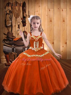 Attractive Straps Sleeveless Little Girls Pageant Dress Wholesale Floor Length Embroidery and Ruffles Orange Red Organza