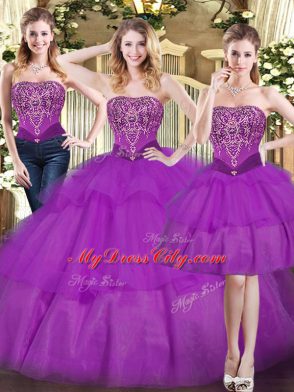 Fabulous Eggplant Purple Ball Gowns Tulle Strapless Sleeveless Beading and Ruffled Layers Floor Length Lace Up Quinceanera Gowns