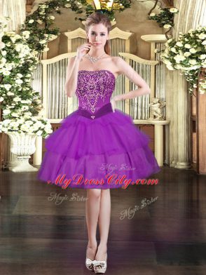 Fabulous Eggplant Purple Ball Gowns Tulle Strapless Sleeveless Beading and Ruffled Layers Floor Length Lace Up Quinceanera Gowns