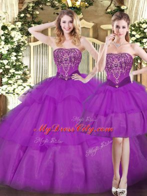 Fabulous Eggplant Purple Ball Gowns Tulle Strapless Sleeveless Beading and Ruffled Layers Floor Length Lace Up Quinceanera Gowns