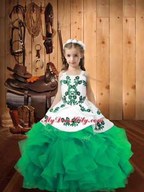 Turquoise Pageant Gowns Sweet 16 and Quinceanera with Embroidery and Ruffles Straps Sleeveless Lace Up