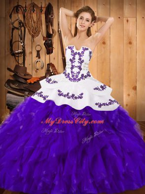 Popular White And Purple Quince Ball Gowns Military Ball and Sweet 16 and Quinceanera with Embroidery and Ruffles Strapless Sleeveless Lace Up