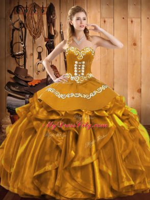 Sweetheart Sleeveless Organza Quinceanera Gown Embroidery and Ruffles Lace Up
