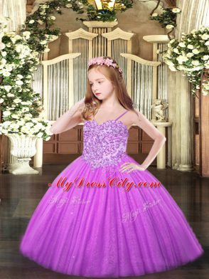 Pretty Lilac Ball Gowns Appliques Pageant Dress for Teens Lace Up Tulle Sleeveless Floor Length