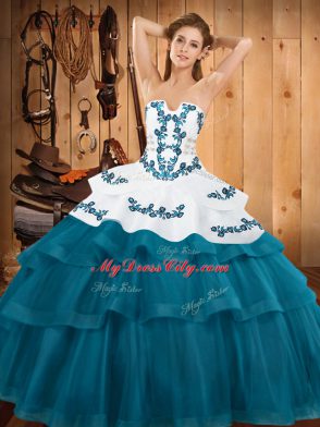 Teal Sleeveless Embroidery and Ruffled Layers Lace Up Quinceanera Gown