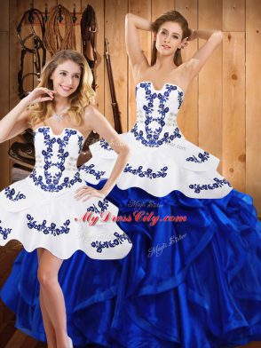 Blue Quinceanera Dresses Military Ball and Sweet 16 and Quinceanera with Embroidery and Ruffles Strapless Sleeveless Lace Up