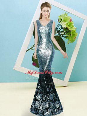 Teal Zipper V-neck Sequins Prom Dresses Sequined Sleeveless