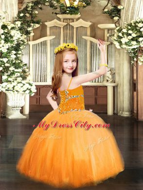 Blue Lace Up Spaghetti Straps Beading Pageant Gowns For Girls Tulle Sleeveless