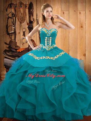 Floor Length Lace Up Quinceanera Gown Teal and Turquoise for Military Ball and Sweet 16 and Quinceanera with Embroidery and Ruffles