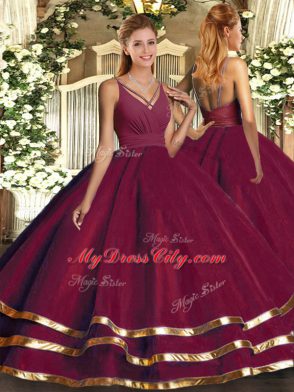 Burgundy V-neck Backless Ruffled Layers Quinceanera Gowns Sleeveless