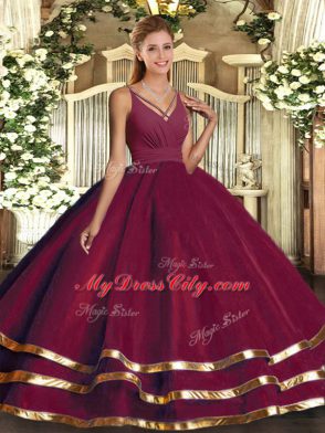 Burgundy V-neck Backless Ruffled Layers Quinceanera Gowns Sleeveless