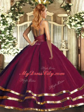 Burgundy V-neck Backless Ruffled Layers Quinceanera Gowns Sleeveless