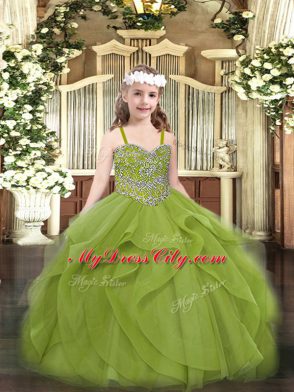 Floor Length Olive Green High School Pageant Dress Tulle Sleeveless Beading and Ruffles