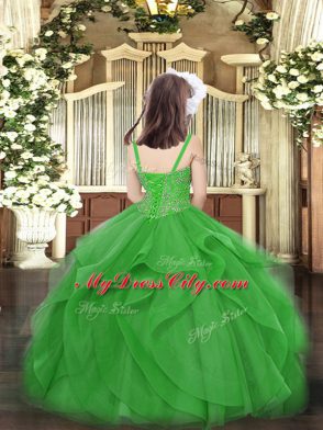 Floor Length Olive Green High School Pageant Dress Tulle Sleeveless Beading and Ruffles