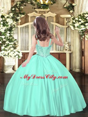 Green Ball Gowns Beading Kids Pageant Dress Lace Up Satin Sleeveless Floor Length