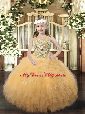 Perfect Gold Organza Lace Up Straps Sleeveless Floor Length Little Girls Pageant Gowns Beading and Ruffles