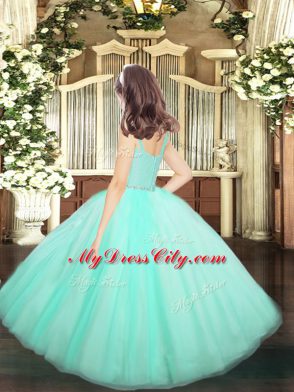 Exquisite Lavender Tulle Zipper Little Girls Pageant Dress Wholesale Sleeveless Floor Length Beading and Lace