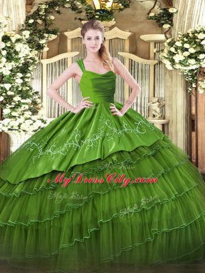 Great Olive Green Straps Neckline Ruffled Layers Ball Gown Prom Dress Sleeveless Zipper
